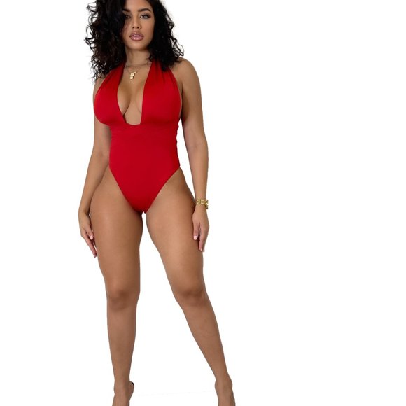 One Piece Solid Red Swimsuit - Picture 2 of 6